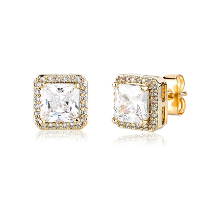 1 Pair Hip Hop 3A+ CZ Stone Pave Bling Ice Out Geometric Square Stud Earrings for Men Rapper Jewelry Gold Silver Color
