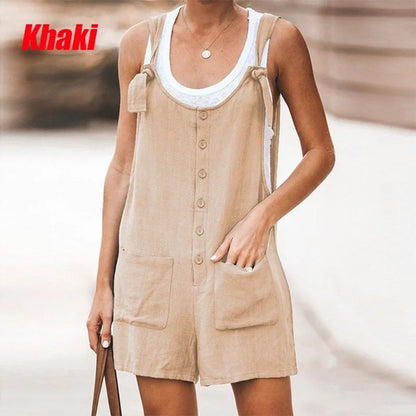 Summer women's solid color patch pocket tied cotton and linen suspender pants