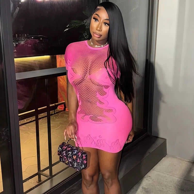 Sifreyr High Stretch Sheer Mini Dress Women Basics Solid Color O Neck Short Sleeve Slim Bodycon Party Sexy Dresses Fashion