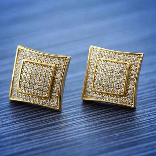 Huitan Gold Color Geometric Stud Earrings for Women/Men Full Bling Bling CZ Simple Versatile Couple Earrings Gift Trendy Jewelry