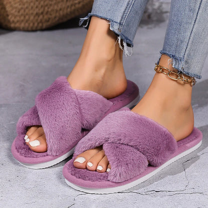 Cross Warm Fluffy Furry Lightweight Slippers For Women