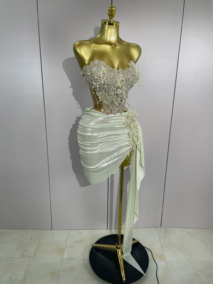STOCK Luxury Shining Pearls Sexy Asymmetrical Skirt 2 PCS Set 2025 Women Evening Birthday Party Stage Dancer Performance Costume