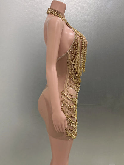 Gold Luxury Chains Khaki Sexy See-Through Sheath Mini Dress Evening Party Performance Costume Bar Nightclub Singer Stage Wear