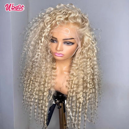 13x4 Transparent 613 Honey Blonde Colored Curly Lace Frontal Wigs Human Hair 180% Remy Water Wave Human Hair Wig For Woman Ubest